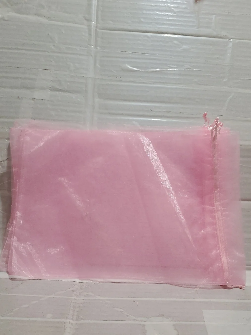 Set Of 6 Sheer Pink Organza Drawstring Bags -